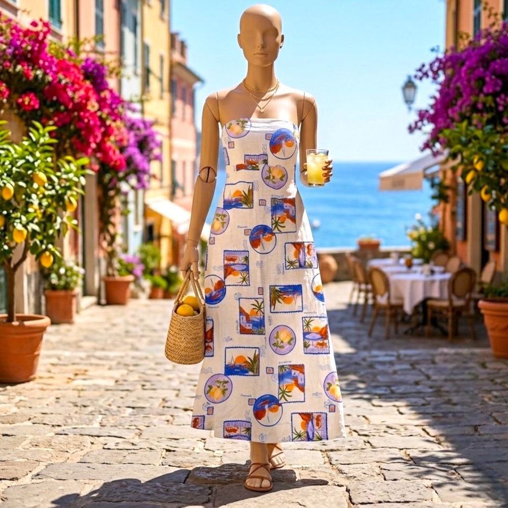 Paper Heart La Dolce Vita Postcard Maxi Dress L Linen Blend Italian Summer Boho